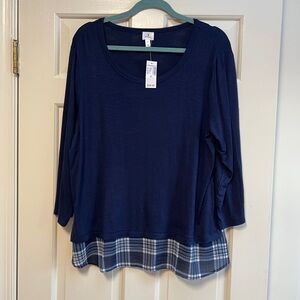 Dress Barn Navy 3/4 Sleeve Top with Plaid Accent Size XL NWT